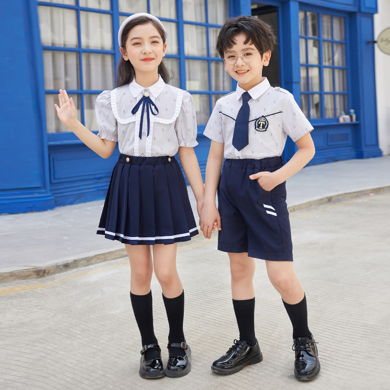 HT054-2230 – Summer Woven British-Style Short-Sleeve Shirt with T/R Skirt/Shorts Set