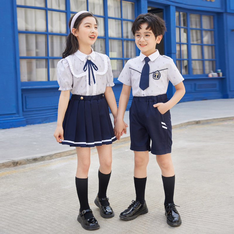 HT054-2230 – Summer Woven British-Style Short-Sleeve Shirt with T/R Skirt/Shorts Set